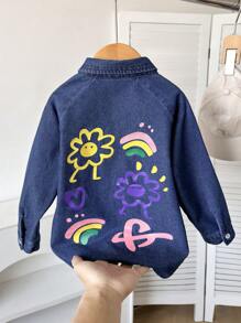 年轻女孩休闲日常都市学院风印花牛仔衬衫 - 深色水洗藍 - 查看 3