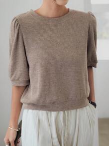 Dazy-Less Blus Wanita Lengan Pendek Elegan dengan Lengan Mengembang untuk Berpergian, Pakaian Kerja Kasual Musim Panas - Coklat - View 2