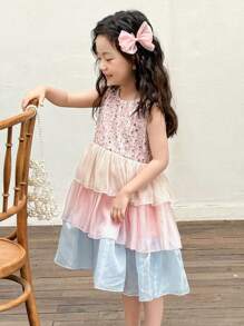 DAZY Vestido de fiesta de cumpleaños de cuello redondo con volantes de tul grueso para niñas (pequeño), de verano