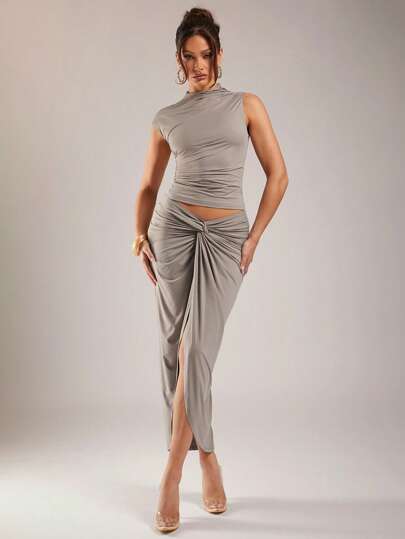 Silquee 女士休闲纯色扭结迷你裙，夏季