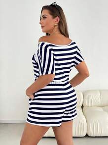 SHEIN Essnce Mono de mujer talla grande, mono de rayas casual de verano, vestido/mono de una pieza para mujer, mono con pantalón corto para mujer, ropa de verano para hombros de mujer, monos de manga corta