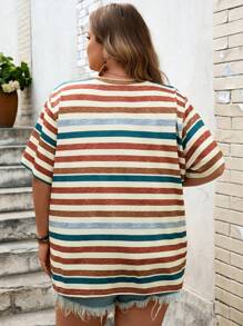SHEIN CURVE+ 大码度假撞色条纹休闲夏季短袖T恤 - 彩色 - 查看 2