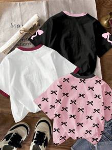 SHEIN 青少年女孩休闲简约短袖圆领T恤，多件装，适合夏季 - 彩色 - 查看 2