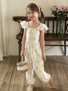 LMoss Kids LMoss  Young Girl Woven Solid Color Ruffled Collar Fitted Jumpsuit - Multicolor - View 4