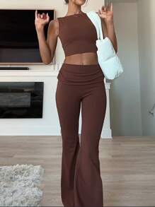 INAWLY Solva 女士夏季性感纯色露背短款上衣和喇叭裤套装 - 咖啡棕 - 查看 4