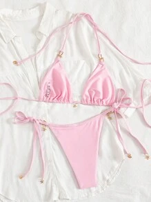 Swim Mod 2 件套女士性感纯色吊带海星装饰粉色比基尼泳裤和侧系带粉色比基尼泳裤夏季海滩度假泳衣