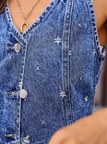 SHEIN Essnce 女士牛仔夹克和外套，夏季时尚 - 中等水洗藍 - 查看 5