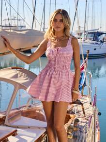 Aralina 女士格纹系带褶饰田园风夏季太阳裙迷你系带细节 - 紅色 - 查看 1