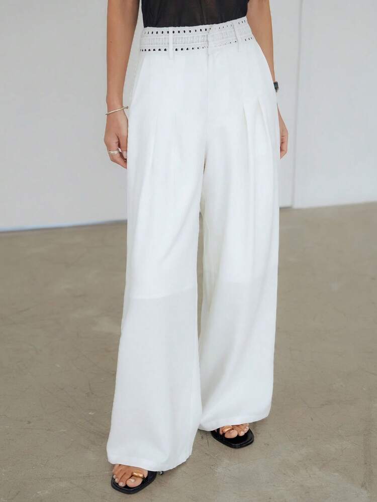 Women's Elegant Lace Panels Straight Commuter Casual Trousers Linen Women White Dress Pants