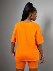 SHEIN Leap Crew 2pcs/Set Girls' Pink Letter Print Loose T-Shirt And Biker Shorts Sports Streetwear Casual Outfit'