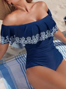 Swim Lushoire 1 pieza Nuevo traje de baño de una sola pieza con tirantes de espagueti, volantes y estampado ubicado para mujer, para playa y vacaciones de verano - Azul - Ver 1