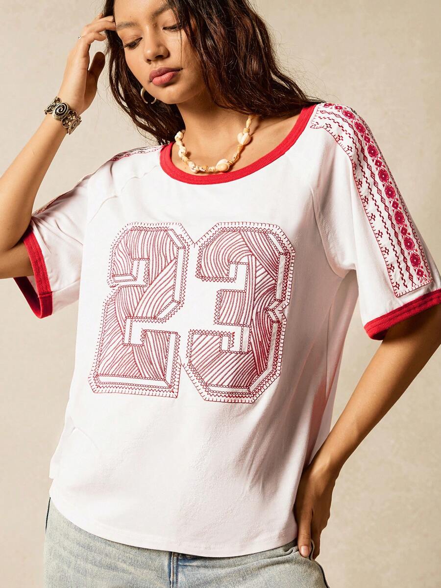 Easelle Women's Retro Casual V-Neck Oversized T-Shirt With Heavy Embroidery Applique - White - View 1