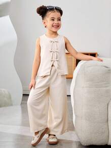 2 Stücke Set aus einfarbiger Strickjacke und weiter passender Hose für Kleine Mädchen - Khaki - Übersicht 2