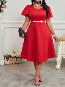 Fleurora Abito midi da donna con scollo a cuore, maniche corte con volant, elegante, con vita impreziosita da strass, di taglia grande