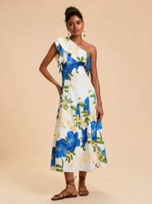 Travachic 女士花卉印花荷叶边单肩度假优雅连衣裙，度假，婚礼宾客 - 彩色 - 查看 5