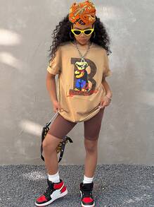 SHEIN Ensemble 2 pièces pour préadolescentes : T-shirt imprimé ours streetwear d'été et short de couleur unie, pour la rentrée scolaire - Kaki - Voir 3