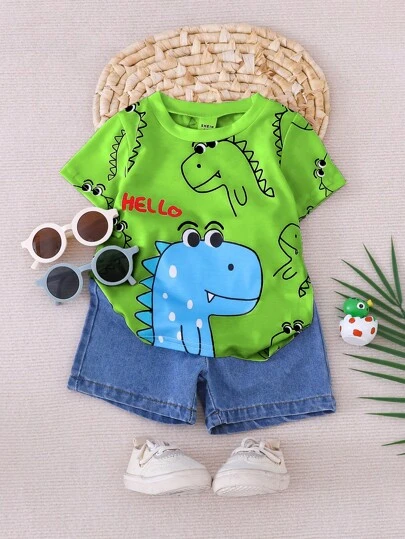 SHEIN Playful Pals Baby Boy Spring Summer Casual Outfit - Colorful "HELLO Dinosaur" Printed Round Neck Short Sleeve T-Shirt, Paired With Classic Denim Shorts, Showcasing Adorable And Fashionable Style. Made Of Soft Fabrics For Comfortable Fit, The Dinosaur Design Is Fun And Vibrant, Bringing Endless Energy To Your Little Gentleman's Daily Look. A Complete Set To Nail Your Baby's Spring Outfit Baby Dinosaur Clothes Dinosaur Baby Clothes Dinosaur Clothes For Boys Baby Boy Clothes Cheap Baby Boy Clothes Dinosaur Todd