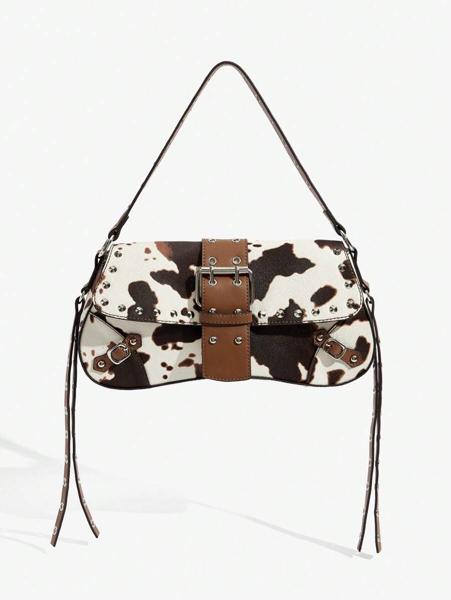 SHEIN X Lucía Bellido SHEIN SXY 女士、女式单肩包、流浪包、时尚、简约、个性化、多功能、街头、酷炫、铆钉、流苏、橙色、适合购物、万圣节、青少年、万圣节包包，非常适合搭配万圣节服装参加化装派对