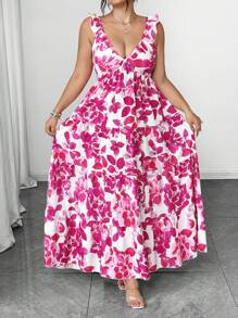 SHEIN Clasi Robe élégante à volants avec imprimé floral pour femmes grandes tailles - Multicolore - Voir 4