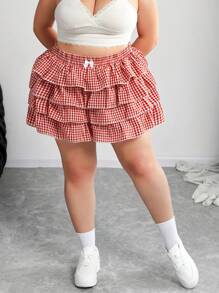 SHEIN CURVE+ 大码休闲低腰格子紧身褶皱女超短裤校服女红白平角短裤简约日常穿搭 - 紅白色 - 查看 5