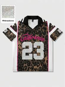 ROMWE MEN Street Life Polo de hombre con estampado de logotipo y adorno de rhinestone del nombre de una ciudad estadounidense, adecuado para uso diario en primavera/verano