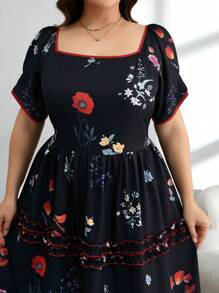 Modelyn 加大码春夏宽领浪漫花卉印花抽绳腰部喇叭下摆优雅迷人度假连衣裙 - 黑色 - 查看 5