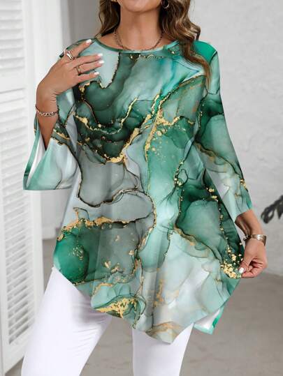 EMERY ROSE Plus Size Casual Simple All-Over Printed Long Sleeve Shirt, Spring/Autumn Chic Blouses For Women