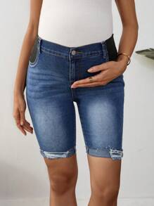 SHEIN 孕妇夏季休闲破洞牛仔短裤 - 藍色 - 查看 3