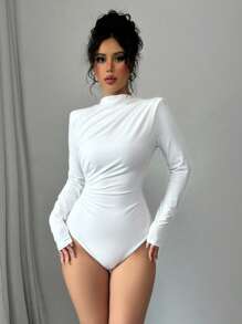 Selianne 性感修身立领收腰垫肩长袖纯白色针织紧身衣女式秋冬 - 白色 - 查看 5
