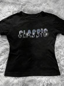 SHEIN Women Regular Fit Crew Neck Short Sleeve T-Shirt With Embroidery, Sequins Embellished And Laser Print Letter Decor