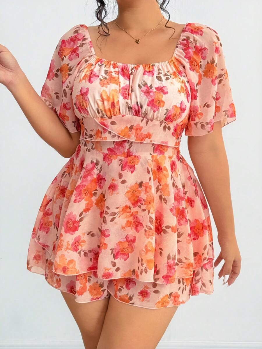 Flirla Plus Size Spring/Summer Plus Size Round Neck Chiffon Fashion Elegant Cute Romantic Floral Batwing Sleeve Romper For Beach Holiday - Multicolor - View 1