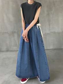 FRIFUL 女式夏季蓝色阔腿宽松牛仔长裙牛仔裙 - 藍色 - 查看 3
