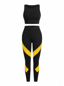 Easithlete Easithlete Conjunto deportivo de mujer con bloques de color impresos, ropa de gimnasio y entrenamiento atlético - Amarillo - Ver 6