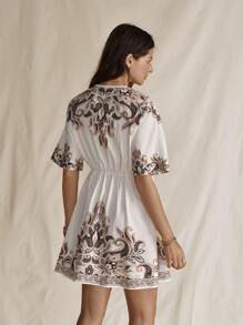 Wildy 波西米亚风新款夏季美式西部印花短袖露脐迷你连衣裙，女士夏季服装，适合工作、休闲等各种场合，包括波西米亚风、乡村风、度假风、母亲节、休闲等。 - 杏色 - 查看 3