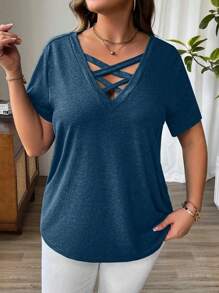 EMERY ROSE 大码女式夏季短袖针织交叉领T恤 - 藍色 - 查看 5