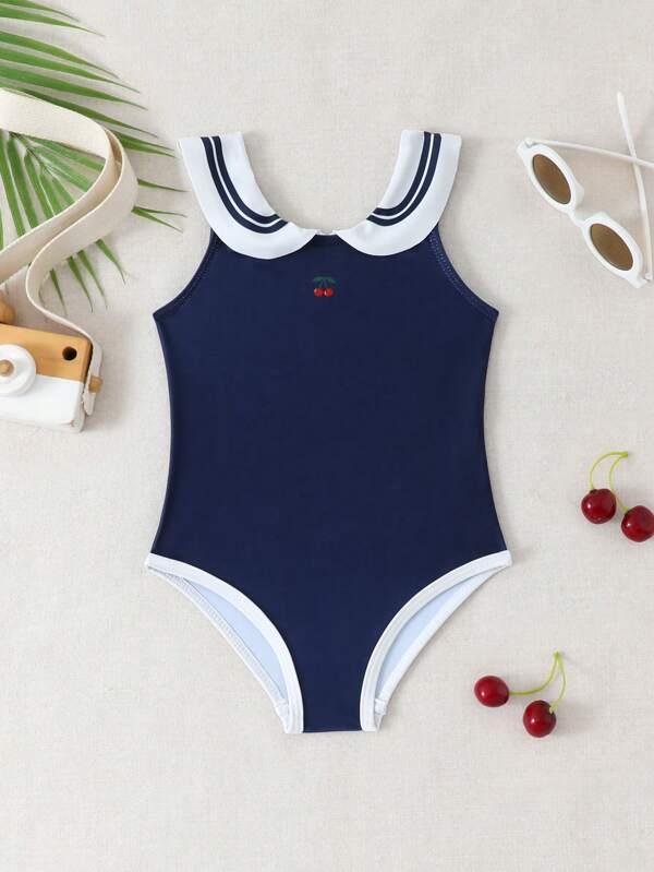 Baby Girl Navy Collar Cherry Print One Piece Swimsuit