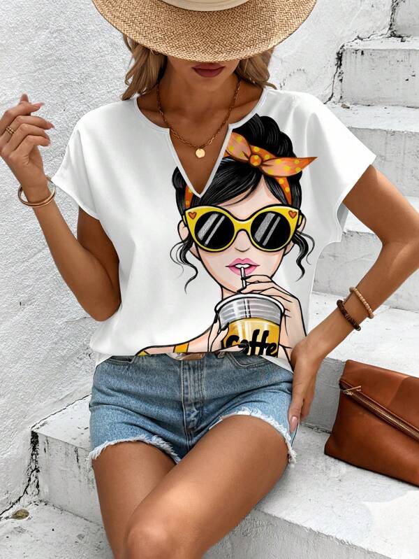 EMERY ROSE Casual Cute Yellow Girl Graphic Women Shirt, Suitable For Summer Holiday