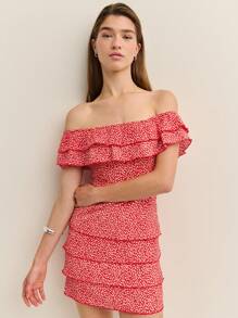 Nöista 女士露肩迷你连衣裙，带褶边，露肩，紧身款式，夏季连衣裙，春季假期，7 月 4 日服装 - 紅色 - 查看 3