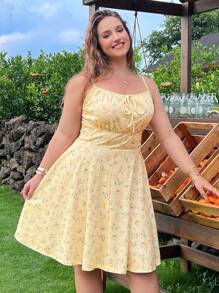 SHEIN EZwear Váy yếm dệt kim in hoa cỡ lớn cho nữ, mùa hè - Màu vàng - Xem 1