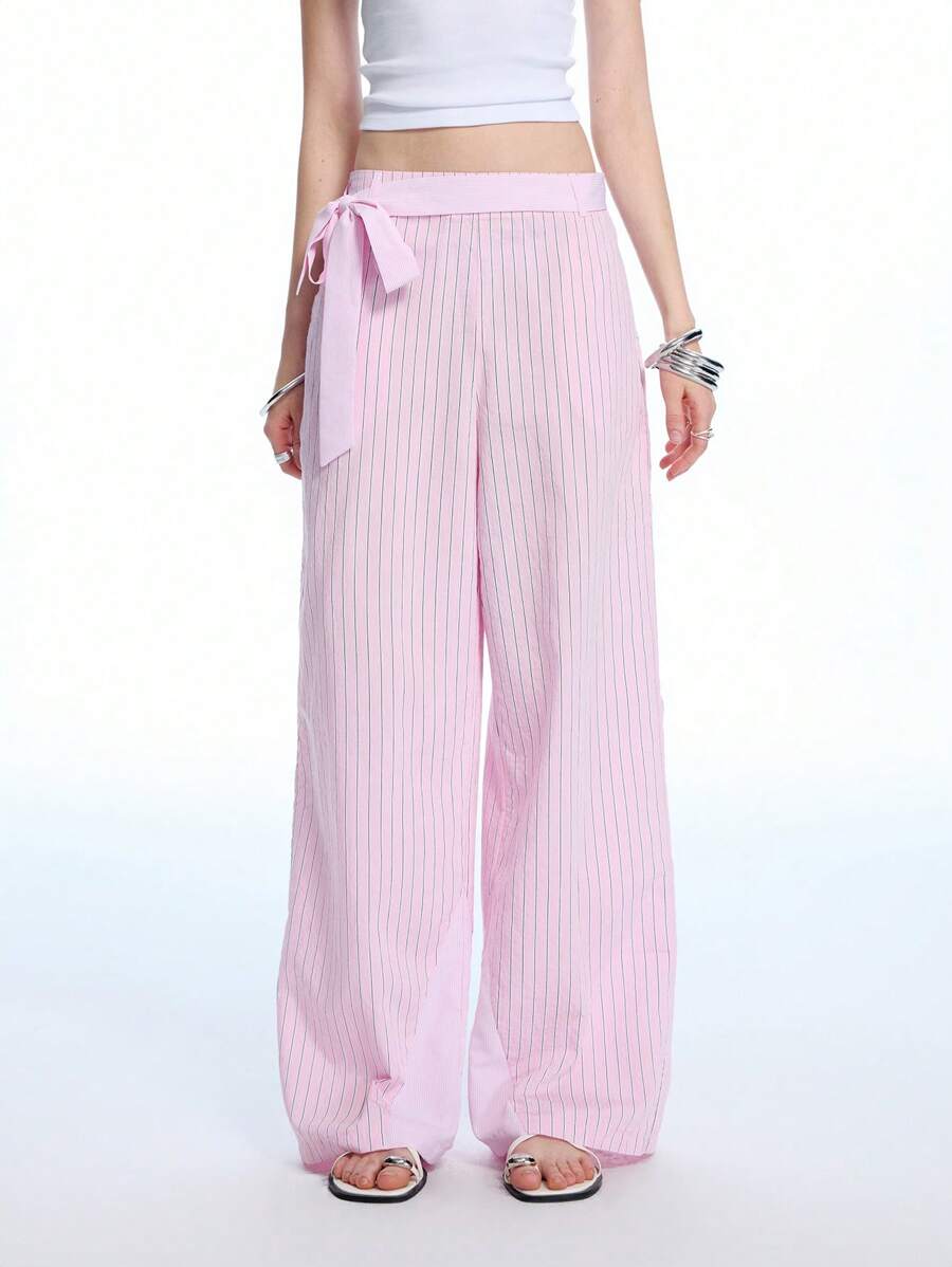 LYSMO 2025新款夏季女士腰带设计纯色拼接条纹阔腿裤简约休闲时尚