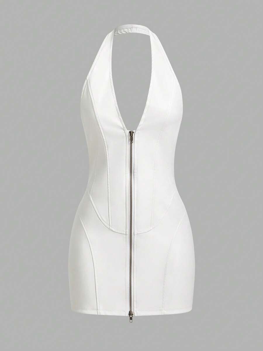 SHEIN ICON Deep V-Neck Front & Back Zipper Bodycon Mini PU Dress White Dresses For Women