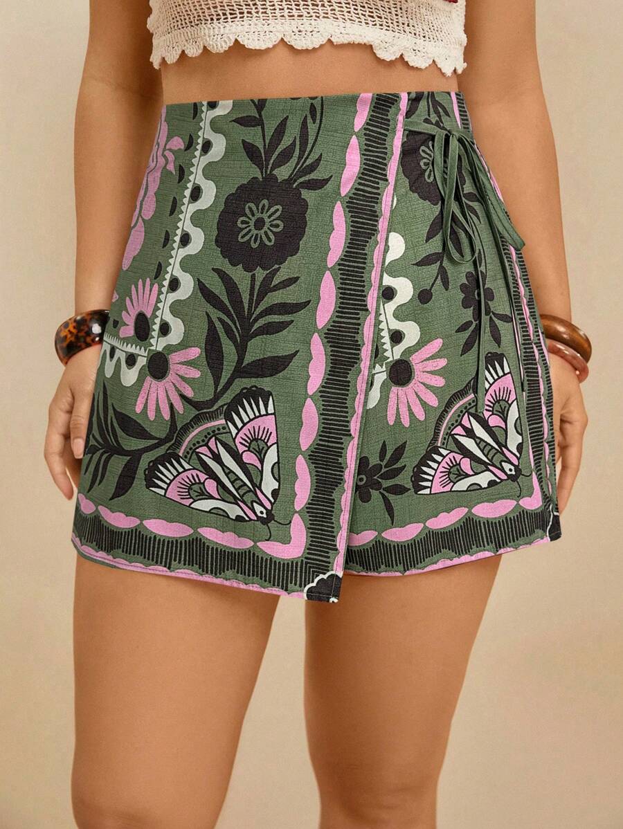 Travachic Quần short dây rút họa tiết hoa Bohemian thường ngày đi biển cỡ lớn cho nữ - Nhiều màu - Xem 1