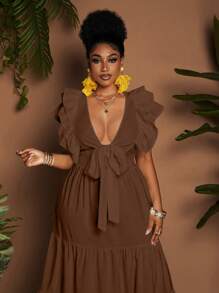 Maweii Váy đi biển chữ A buộc dây phía trước màu trơn cỡ lớn cho nữ - Cà phê nâu - Xem 2