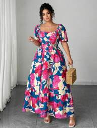 Elenzga Plus Size Women's Summer New Retro Floral Print Mid-Length Dress, European And American Fashion Seaside Resort Style, French Chic Elegant Elegant Charm Squared Neckline Waist Slimming Flared Hem Maxi Dress
