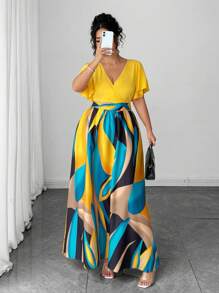 Elenzga 大码女式春夏波西米亚海滩度假休闲旅行高端设计彩色不对称几何印花时尚华丽性感圆领荷叶边袖长裙 - 彩色 - 查看 7