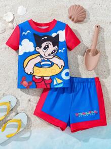 Astro Boy X SHEIN Conjunto de tankini de traje de baño con estampado de dibujos animados de manga corta para bebé niño, estilo de vacaciones de verano - Multicolor - Ver 1