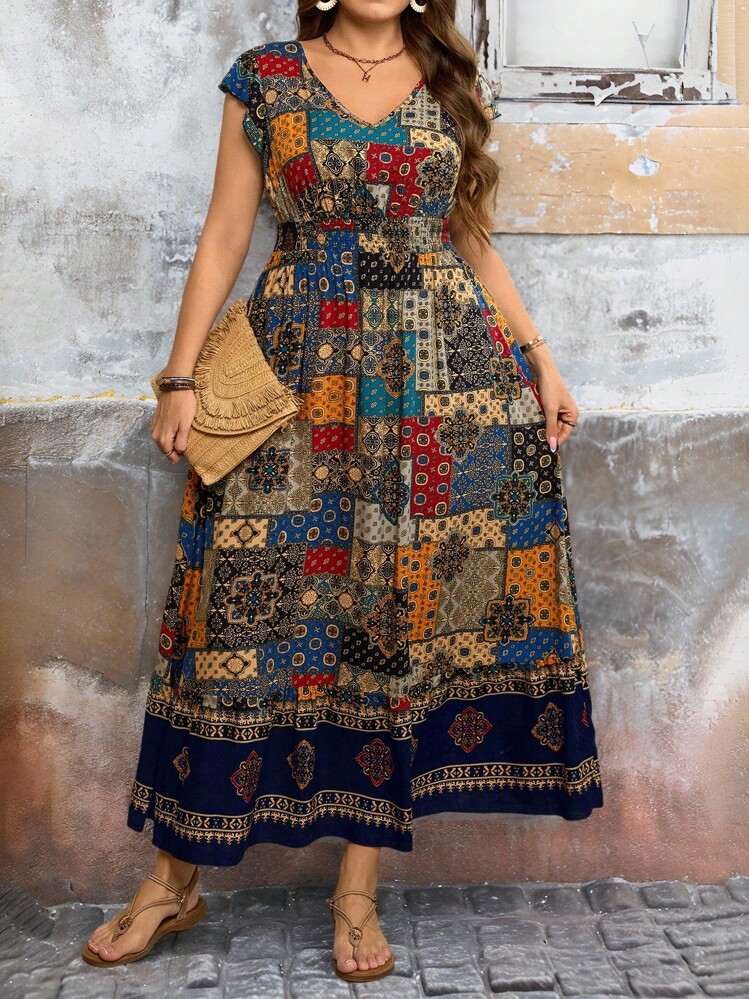 SHEIN LUNE Plus Size Women Summer Floral Print V-Neck Cap Sleeve Casual Dress, Vacation - Multicolor - View 6