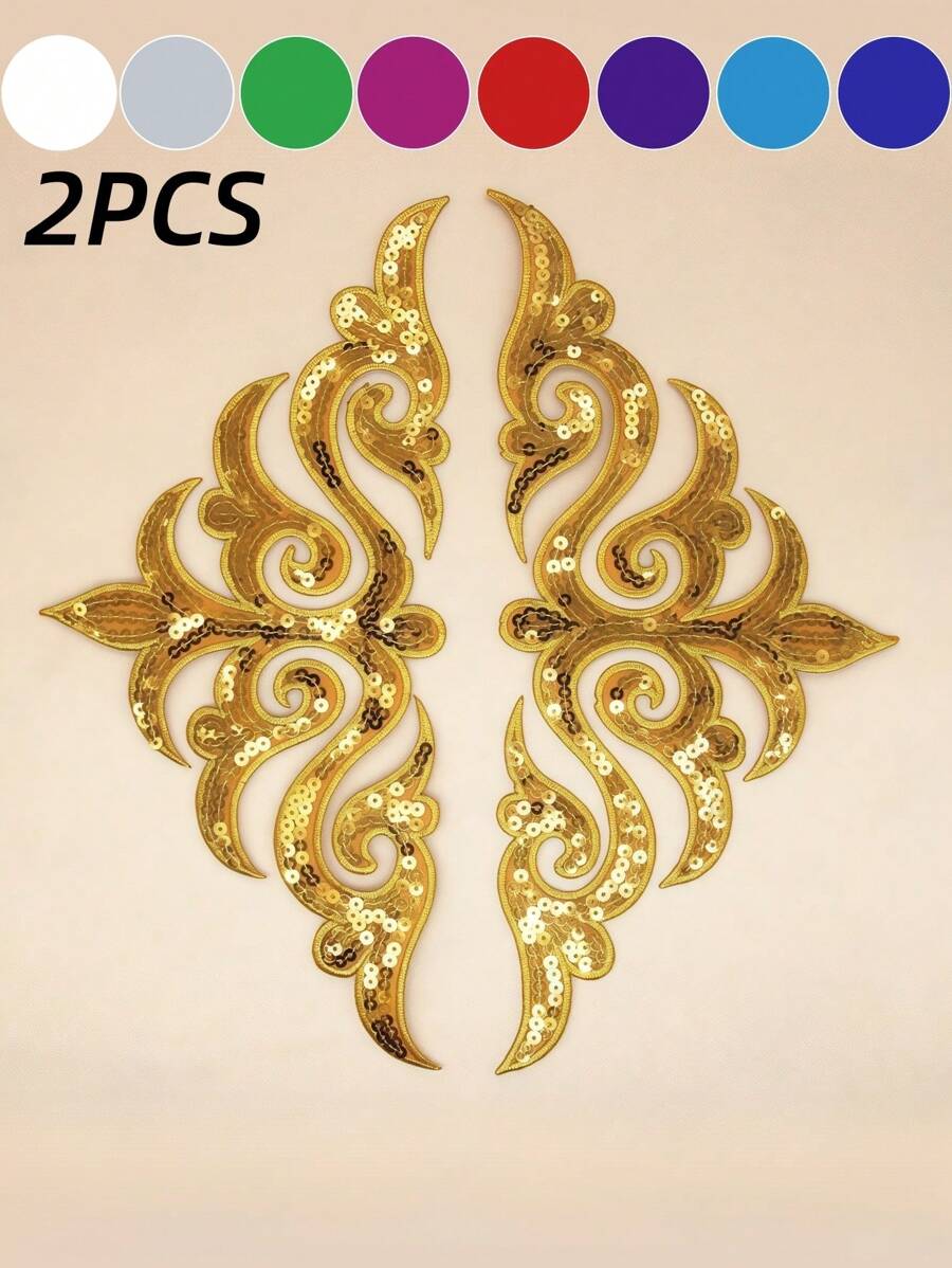 2pcs(1pair) Sequin Embroidery Patterned Fabric Patches DIY Hot Melt Adhesive Ironing Applique For Clothing Decoration Garment Accessory,DIY Accessory,Dress Dress Decor - Multicolor - View 1