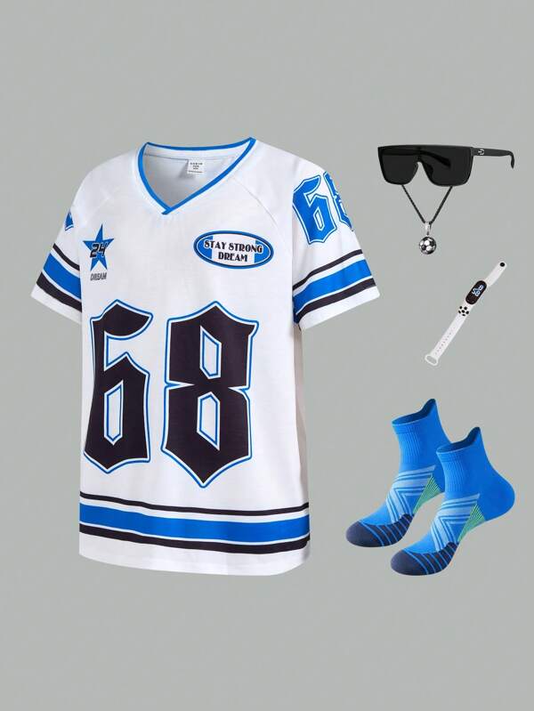 SHEIN Tween Boy Sporty Casual Collegiate Comfortable & Stylish Versatile Soft Short Sleeve V-Neck T-Shirt With Letter & Stripe Pattern, Suitable For Spring Summer, Everyday, Outdoor Play, School, Streetwear, Party And Lounging