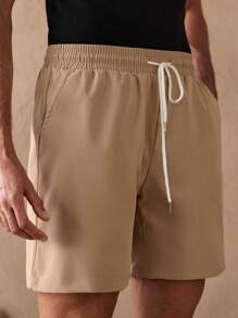 Manfinity VCAY Men Slant Pocket Drawstring Waist Solid Shorts Baggy Sweat Daddy Khaki Going Out Basic Husband - Khaki - View 4